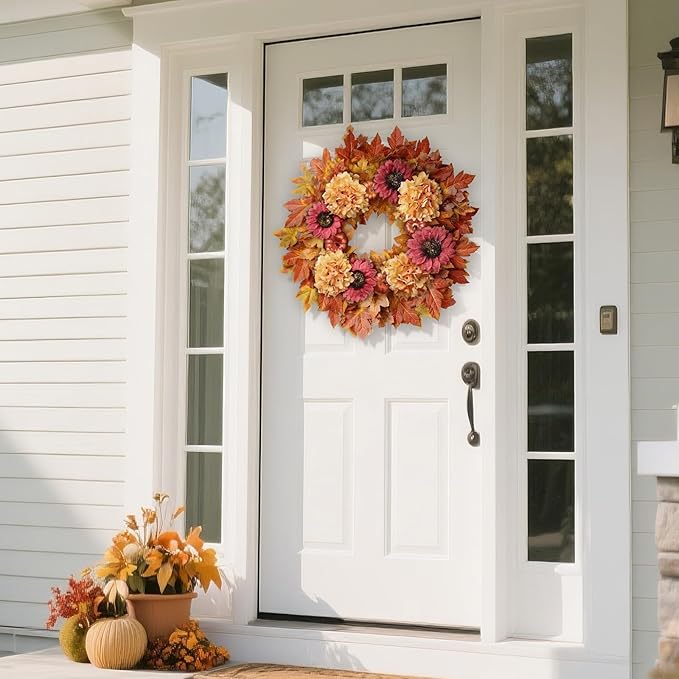 28'' Large Fall Wreath for Front Door, Porch, Window- Artificial Maple Leaves Faux Sunflower Hydrangea Pumpkins Outdoor Autumn Wreath for Home, Farmhouse Wall Thanksgiving Day Harvest Festival Decor-Ruum Studio Home