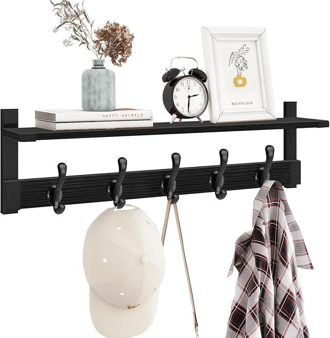 Homode Coat Hanger Wall Mount with Shelf, 29 in Hanging Rack with Storage, Entryway Shelf with Pegs for Hanging Coats, Hats, Towels, Purse, Robes, Black-Ruum Studio Home