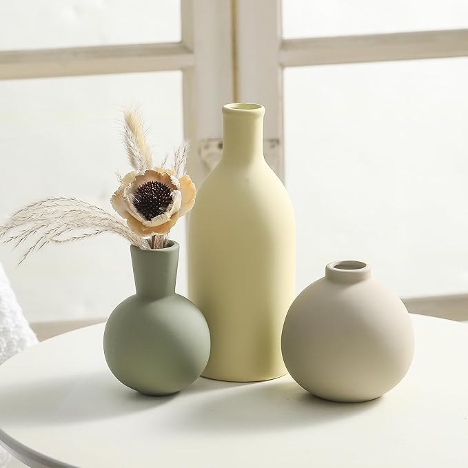 Vase Set of 3, Ceramic Vases Home Decor Flower Decorative Table Decor Vase Pottery Neutral Vases for Tray Table Mantel Living Room Kitchen Bedroom Bathroom Entryway -Light Color-Ruum Studio Home