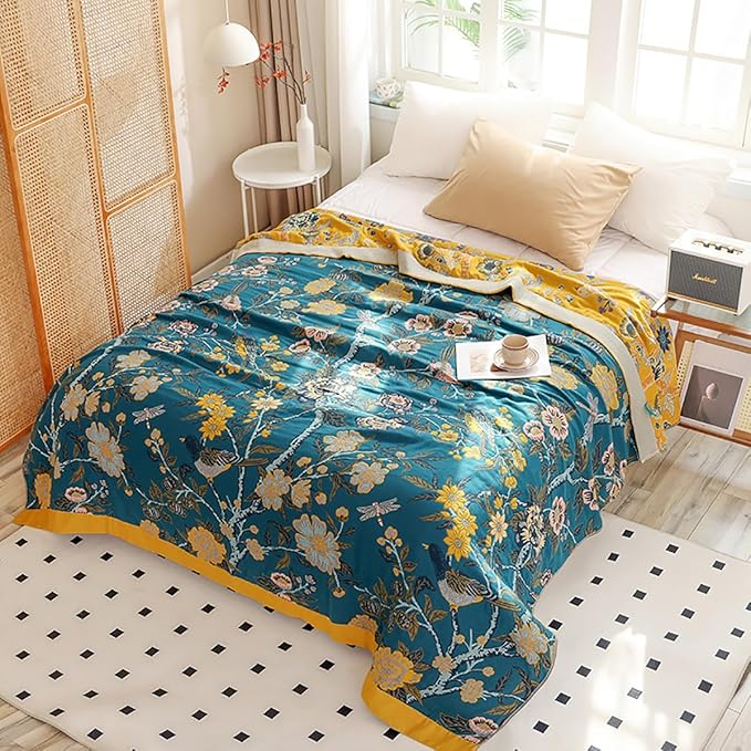 Boho Muslin Blanket for Adults 4-Layer Gauze Twin Size Soft Cozy 100% Cotton Summer Cooling Blanket Floral Decor for Sofa Bed Coverlet Both Sides (Flowr Branch Teal, Twin 60 x 80 in)-Ruum Studio Home