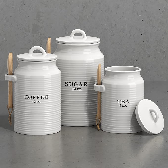 Barnyard Designs Canister Set for Kitchen Counter, Coffee Tea Sugar Container Ceramic Set, Decorative Canisters, Rustic Farmhouse Canister Jars, White (Coffee/Sugar/Tea)-Ruum Studio Home
