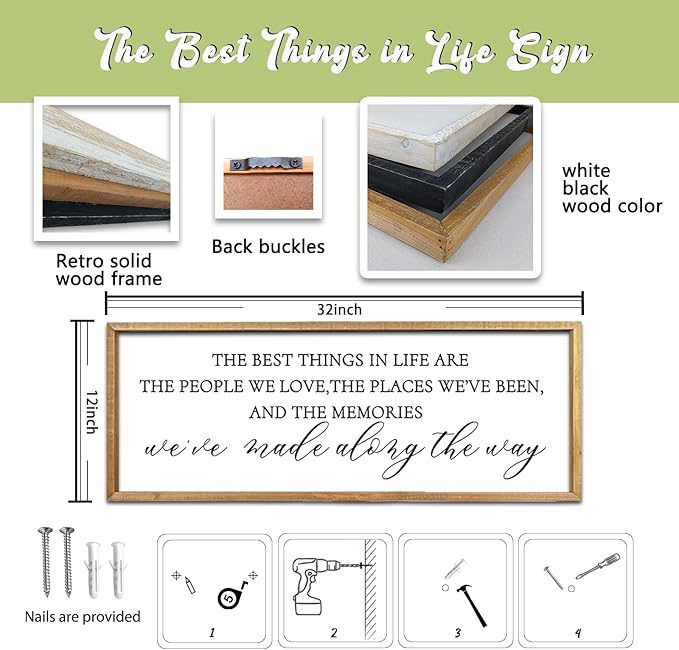 The Best Things in Life Wall Decor Sign 32 x 12 Inch Memories Inspirational Quotes Wood Framed Family Entryway Living Room Home Wall Art for Farmhouse Bedroom Room (Wood)-Ruum Studio Home