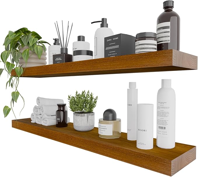 IAE Walnut Floating Wall Shelves 36 inch, Bathroom Shelves Wall Mounted,Invisible Shelves Floating Kitchen Shelves,Wooden Wall Shelves with Brackets for Living Room Wall Mounted,Easy Install,Set of 2-Ruum Studio Home