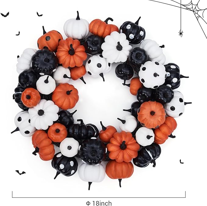 GarveeHome Halloween Pumpkin Wreath for Front Door, 18 Inch Fall Farmhouse Wreath with Orange, Black and White Pumpkins, Rattan Bottom Halloween Indoor Outdoor Home Party Decor-Ruum Studio Home
