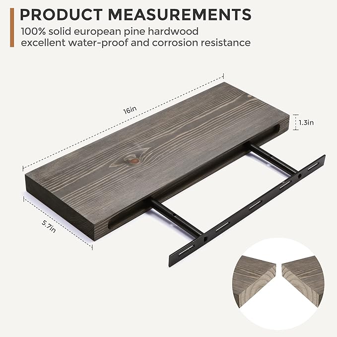 Fun Memories European Pine Floating Shelves for Wall, Mounted Shelf for Decor Storage Set of 2 - Natural Rustic Wooden Wall Shelf for Kitchen Bathroom Living Room Bedroom Farmhouse - Grey-Ruum Studio Home