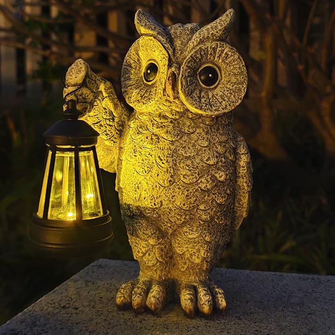Garden Statues, owl Outdoor Figurines Decorated with Solar Lights, Unique Christmas Birthday Gifts for Moms, Grandmas, Women, Wives, Sisters (Grey Owl1)-Ruum Studio Home