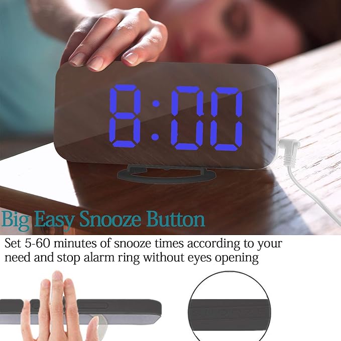 Digital Alarm Clock,Mirror Surface LED Electronic Clocks,with USB Charger,Snooze Model, Auto/Custom Brightness,for Office Table Bedroom Nightstand(Black-Blue)-Ruum Studio Home
