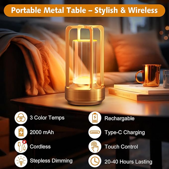 Portable Table Lamp for Outdoor Indoor: Cordless Rechargeable Desk Lamp with 3 Color Stepless Dimmable - Metal Battery Operated Small Lantern Light for Restaurant/Bedroom/Bar/Coffee Shop/Camping-Ruum Studio Home