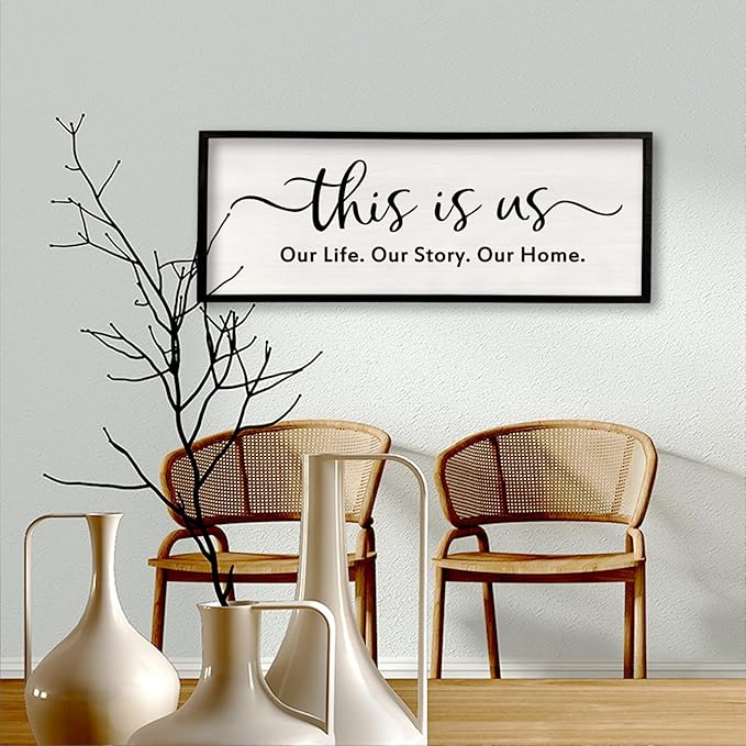 This is us Wall Decor Sign 32'' x 12'' Large Master Bedroom Home Life Story Wood Framed Vintage Family Sign Rustic Plaque Living Room Minimalist Farmhouse Hanging Wall Art (Black)-Ruum Studio Home
