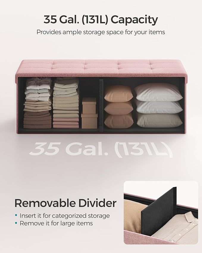 SONGMICS MAZIE Collection - 43 Inches Folding Storage Ottoman Bench, Ottoman Foot Rest, End of Bed Bench, Storage Chest, Load 660 lb, for Living Room, Bedroom, Entryway, Jelly Pink ULSF077R11-Ruum Studio Home