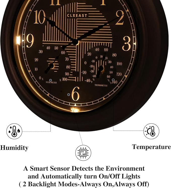 CLXEAST 18 Inch Illuminated Outdoor Indoor Atomic Analog Wall Clock with Temperature & Humidity, Lighted Outdoor Clocks for Patio Large Waterproof with Thermometer,Bronze Finish,House Warming Gifts-Ruum Studio Home