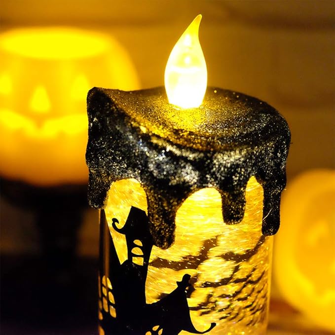 Eldnacele Halloween Snow Globe Candles Lighted Lamp, Battery Operated Spooky Spinning Water Glittering Tornado Candle Flameless Candles Table Centerpiece for Halloween Decoration Indoor(Castle)-Ruum Studio Home