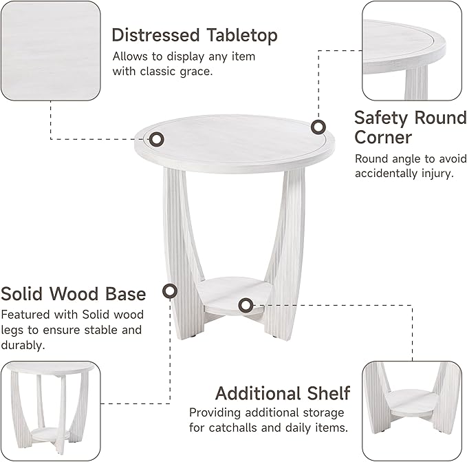 Rustic Farmhouse end Table with Storage Shelf, French Country Accent Side Table for Family, Dinning or Living Room, Small Spaces, Modern, Round, White-Ruum Studio Home