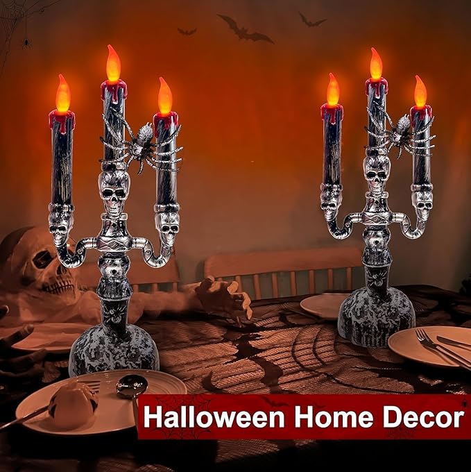 TURNMEON 2 Pack Halloween Candles Halloween Decorations LED Flame Less Candelabra 3-Flickering Lamp Light Up Battery Operated Candles Holder Spider Decor Indoor Table Home Haunted Party-Ruum Studio Home