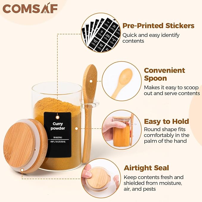 ComSaf Spice Jars with Spoon 8 oz 6Pack, Small Spice Containers Starter Set, Glass Seasoning Jars with Labels, Round Seasoning Containers for Salt, Pepper, Chili Powder, Sugar, Loose Tea Storage-Ruum Studio Home