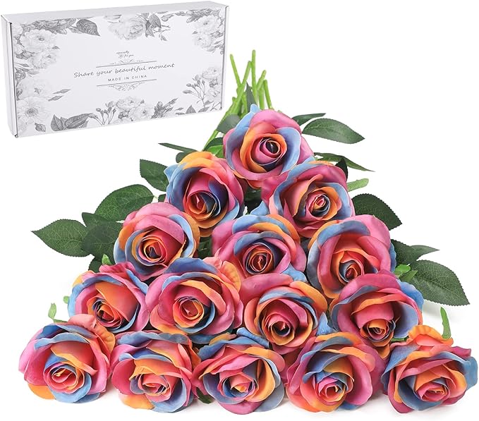 Rainbow Fake Roses Artificial Flowers - 16 Pcs Fake Artificial Roses Silk Flowers with Stems for Home Wedding Hotel Office Centerpiece Decor（Rainbow）-Ruum Studio Home