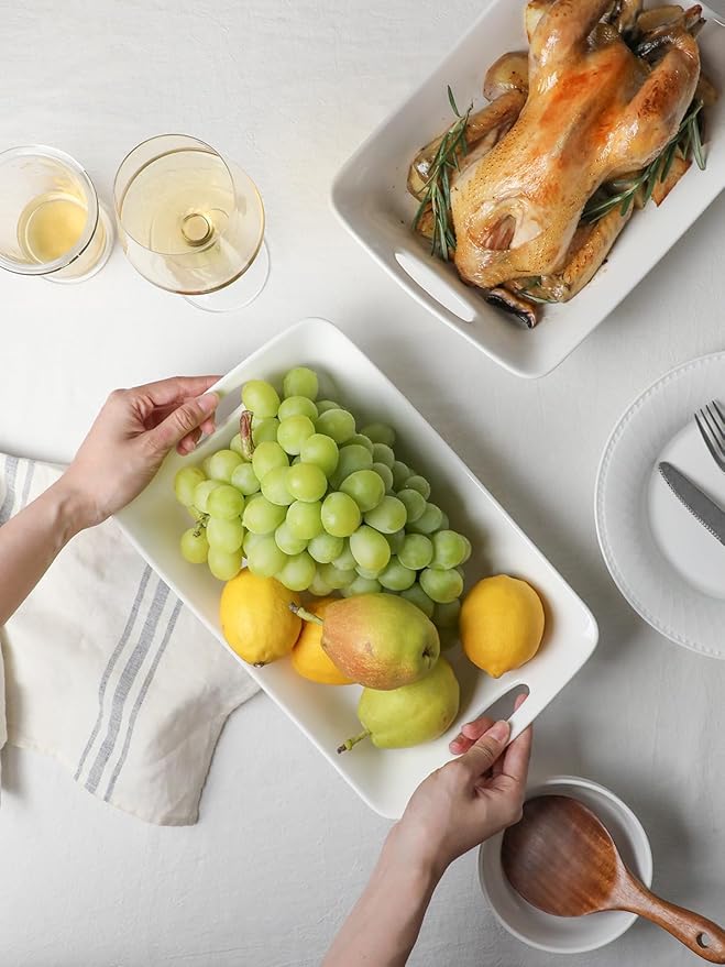 Kanwone Large Serving Bowls with Handles, White Serving Dishes For Entertaining, 1.8 Quarts Porcelain Bowl Set for Turkey, Fruit, Salad, Rectangle Serving Platter for Parites, Thanksgiving, Set of 2-Ruum Studio Home