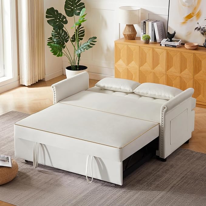 58" Velvet Sofa Bed, 3-in-1 Convertible Pull-Out Sleeper Sofa & Couch with Storage Bag and Adjustable Backrest,Perfect for Small Spaces, Living Room, or Office-Ruum Studio Home
