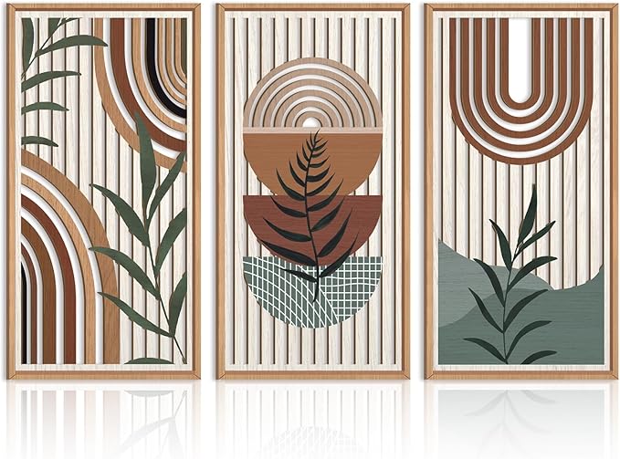 IARTTOP Large Boho Wall Art Set Of 3 Framed Mid Century Modern Wall Decor Abstract Geometric Wood Wall Art For Bedroom Living Room Office 16"x 32"-Ruum Studio Home