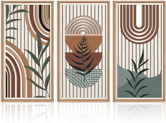 IARTTOP Large Boho Wall Art Set Of 3 Framed Mid Century Modern Wall Decor Abstract Geometric Wood Wall Art For Bedroom Living Room Office 16"x 32"-Ruum Studio Home