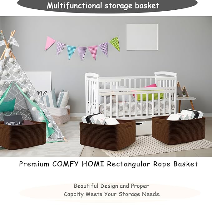 COMFY-HOMI Cotton Rope Woven Basket with Handles for Shelves,Toys,Book, Cloth Storage Baskets for Organizing-17" x 13" x 7.5" Toy Decorative Organizer for Living Room, Bathroom （dark brown）-Ruum Studio Home