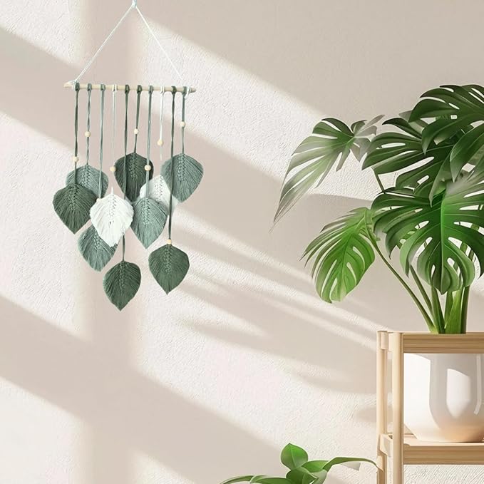 Madiffcult Macrame Wall Hanging Boho Wall Decor Woven Feather Wall Art Handmade Macrame Leaf Tapestry with Wooden Beads for Bedroom Living Room Nursery 16x27 Inch (Green)-Ruum Studio Home
