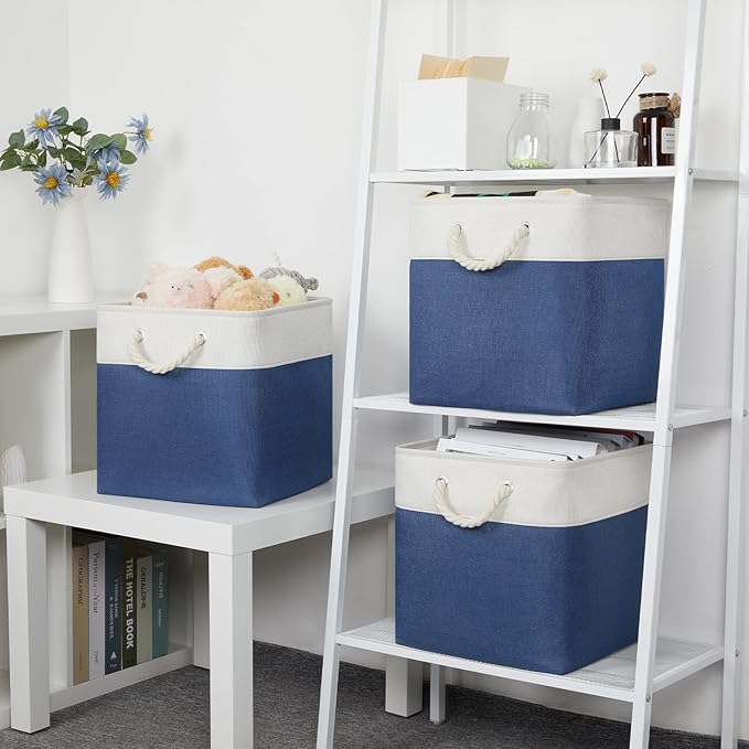 Bidtakay Storage Baskets Large Cube Storage Bins Fabric Baskets for Organizing Shelves 13x13 Navy Blue Square Storage Bins Large Set of 3 Linen Closet Organizers for Cabinet Home-Ruum Studio Home