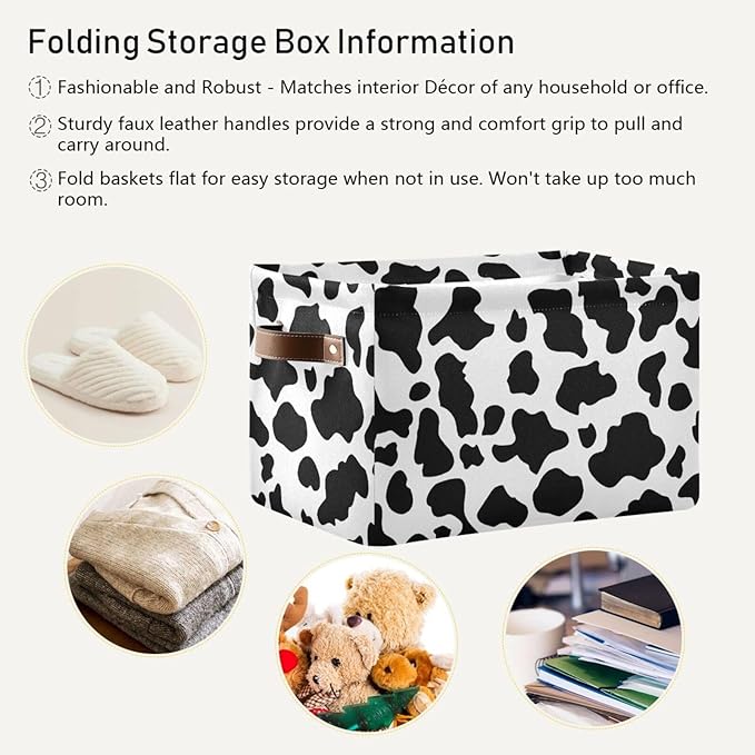 Black White Cow Skin Print Storage Basket Cube Storage Bins Organizer Bag Collapsible Closet Shelf Baskets with handle for Baby Cloth Pet Toy Book 14.2×10.2×8.3 IN-Ruum Studio Home