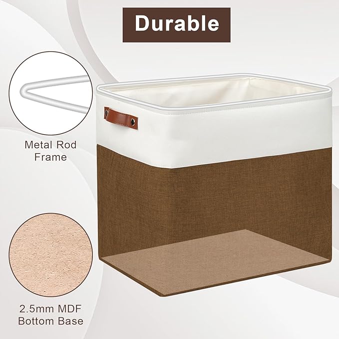 Large Fabric Storage Baskets | 50L Storage Bins, Decorative Linen Closet Baskets with Handles for Organizing, Shelf, Toys, Clothes, Home, Office, Nursery, 17x12x15Inches (Brown&White)-Ruum Studio Home