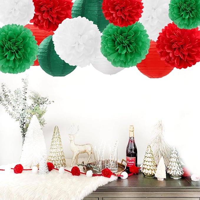 Red-Green White Party-Decorations Christmas Flowers Lanterns - 15PCS Italian Mexican Independence Day Paper Tissue Pom Poms Streamers,Mexico Italy Birthday Baby Shower Wedding Hanging Decor Hugfond-Ruum Studio Home