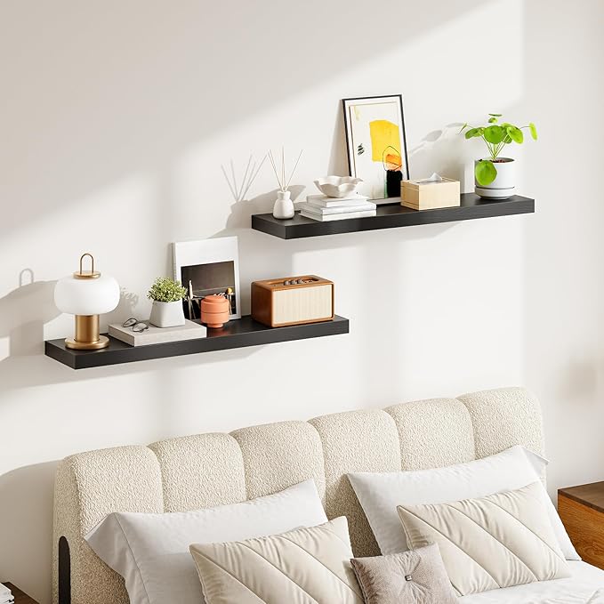 HOOBRO Floating Shelves for Wall, Wall Mounted Shelf Set of 2, 39.4" Hanging Shelf with Invisible Brackets, for Wall in Bathroom, Bedroom, Toilet, Kitchen, Livingroom, Office, Black BK100BJP201-Ruum Studio Home