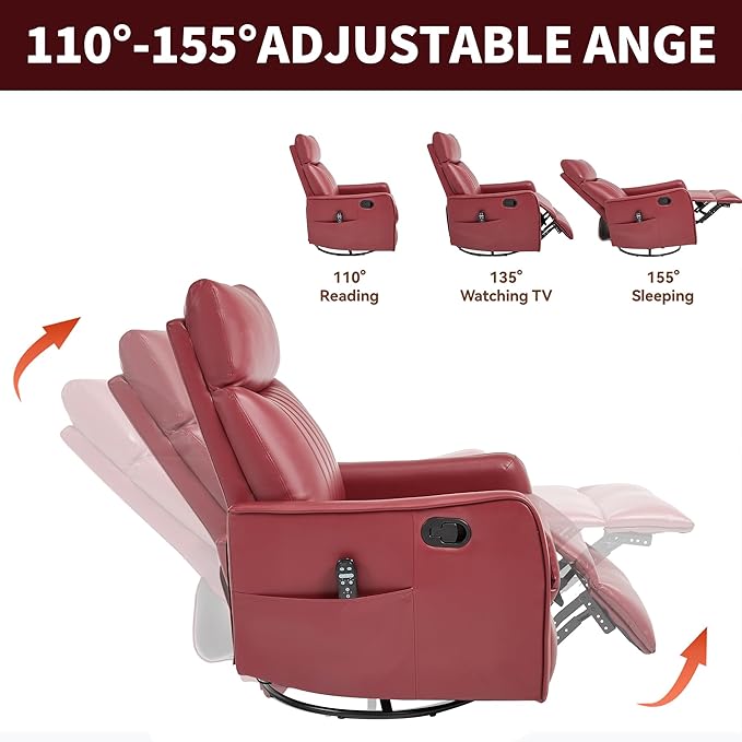 Manual Swivel Rocker Recliner Chair for Adults, Overstuffed Reclining Glider Chair for Nursing with Vibration Massage & Heat, Living Room Rocking Recliner 2-Stage backrest, Faux Leather Red-Ruum Studio Home
