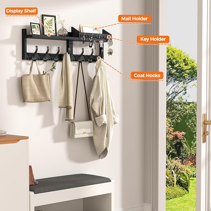 29" Coat Rack Wall Mount with Shelf, 4 in 1 Wall Mounted Coat and Key Hanger with 11 Hooks, Entryway Key Holder with Mail Holder for Living Room, Bedroom, Black-Ruum Studio Home