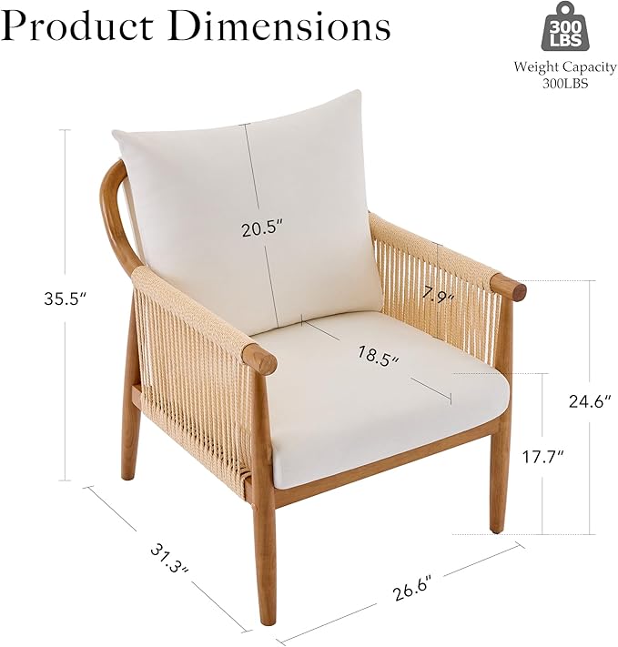 Braid Accent Chair for Living Room Bedroom Reading Room, Rattan Modern Boho Armchair with Solid Wooden Armrest & Frame and Cushions-Ruum Studio Home