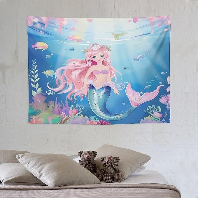 HZOHNAGO Mermaid Girls Tapestry Watercolor Mermaid Princess Pattern Printed Wall Tapestry Wall Hanging for Bedroom Living Room Dorm 40" W x 30" H-Ruum Studio Home