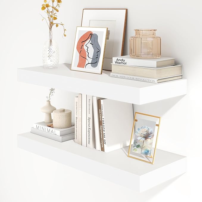 Deep Floating Shelves | 30 Inch Floating Shelves for Wall Set of 2 | 12 Inch Deep White Shelves for Living Room Bathroom Laundry Room Bedroom Kitchen Home Office - White-Ruum Studio Home
