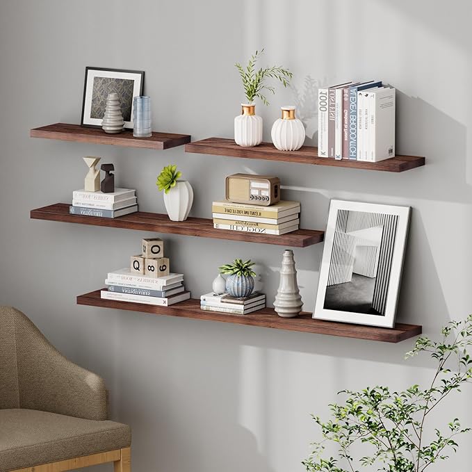 SAUMONIERES Floating Shelves 8 Inch Deep Solid Wood Wide Wall Shelf Set of 2 Wall Mounted for Bedroom Bathroom Living Room Kitchen, 24 Inch Walnut-Ruum Studio Home