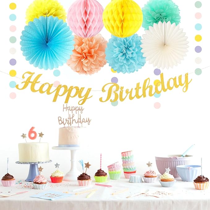 Pastel-Rainbow Colorful Birthday Party-Decorations Paper-Flowers - 14pcs Happy Banner Carnival Theme Lanterns Tissue Pom Poms,Macaron Streamers Garland Fans Honeycomb Hanging Supplies Decor Hugfond-Ruum Studio Home
