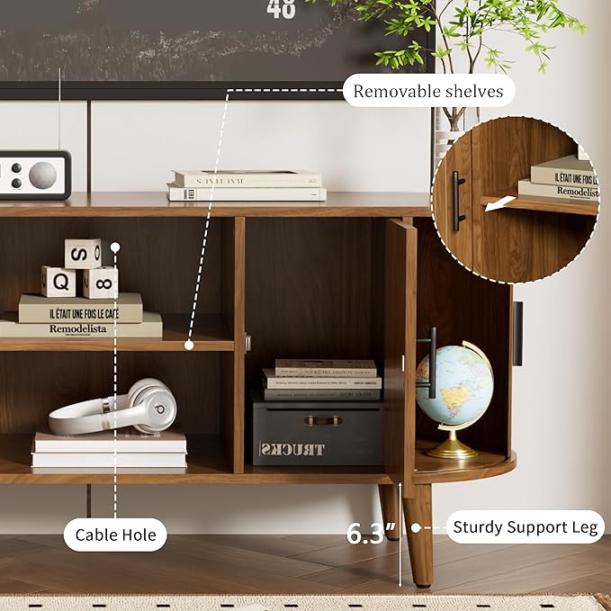 51" Fluted TV Stand, Mid-Century Modern Entertainment Center for Tvs up to 60" with Drawers and Fluted Doors, Curved TV Media Console Table with Sliding Doors for Living Room, Bedroom (51")-Ruum Studio Home