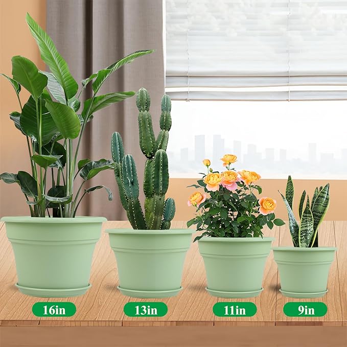 11 Inch Plastic-Flower-Pot-for-Indoor-Plants, 4 Pack Large Outdoor Planter Pot with Drainage Holes & Saucers, Resin Decorative Garden Pots Planters-Ruum Studio Home