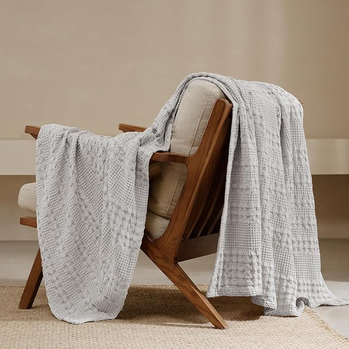 PHF 100% Cotton Waffle Weave Throw Blanket, Soft Lightweight Breathable Cozy Summer Throws for Couch Bed Sofa, Luxury Aesthetic Woven Blanket for Home Decor & Office, 50"x60", Light Grey-Ruum Studio Home