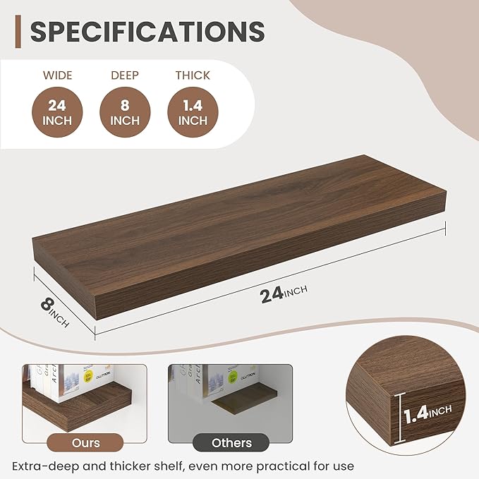 24 Inch Floating Shelves, 8 Inch Deep Floating Shelves for Wall, Hanging Shelf with Invisible Brackets, Deep Shelves for Bathroom, Bedroom, Living Room, Walnut, Set of 2-Ruum Studio Home