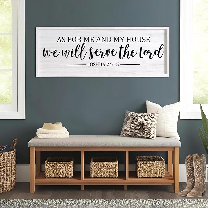 As For Me And My House We Will Serve The Lord Framed Wall Art, 40''×15'' Positive Religious Bible Verse for Christian God Jesus Christ Prayer, Vintage Rustic Long Holy Catholic Scripture Decor-Ruum Studio Home