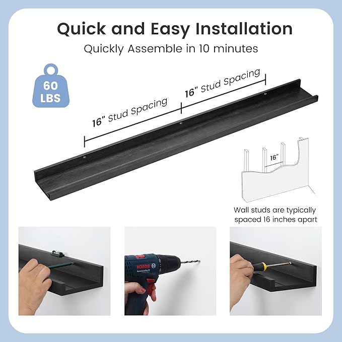 Picture Ledge Shelf for Wall, 48 inch Solid Pine Wood Nursery Book Shelves 2 Packs, Floating Ledge Shelves for Kids' Room Bedroom Bathroom Living Room Photo Frames Office Nursey Wall Decor, Black-Ruum Studio Home