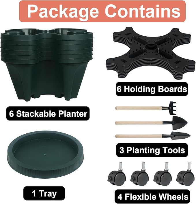 Vertical Planter 6 Tier Stackable Planters Garden Planters Strawberry Herb Flower and Vegetable Planter Indoor Outdoor Gardening Pots with Removable Wheels and Tools-Ruum Studio Home