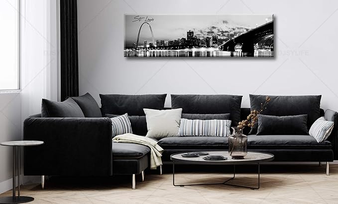 DJSYLIFE Panoramic St. Louis Skyline Wall Art Cityscape Picture Black and White Canvas Print Night View Urban Landscape Modern Artwork Office Bedroom Decor Framed and Ready to Hang 13.8"x47.3"-Ruum Studio Home