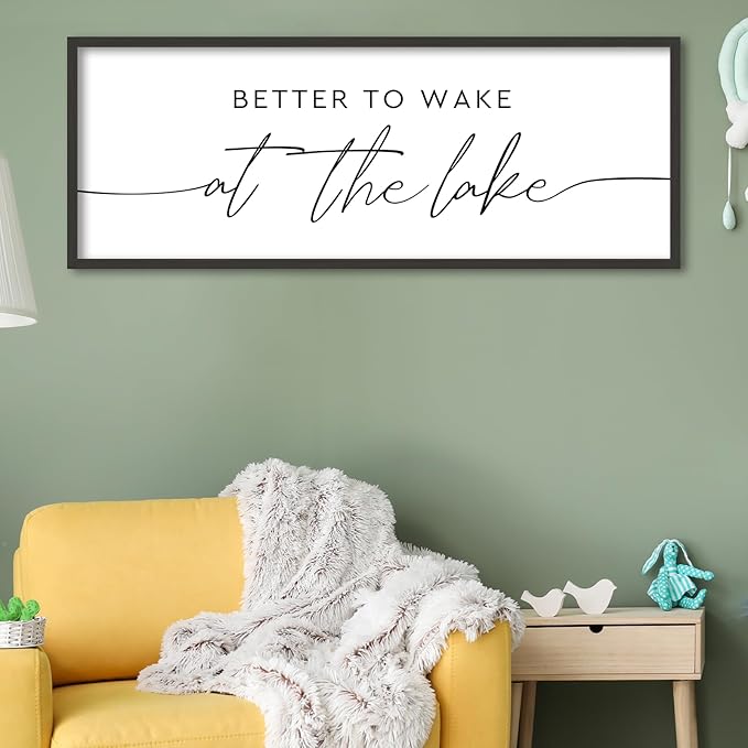 SRSZHIYUE Better To Wake At The Lake Wall Decor Above Bed Sign 40"×15" for Lake House Bedroom Over Bed Large Wood Framed Wall Hanging Art (Black)-Ruum Studio Home