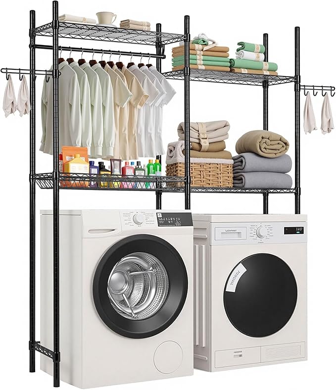 VEVOR Over The Washer and Dryer Storage Shelf, 4 Tier Laundry Room Drying Rack with Hanger Rod and Hooks, Adjustable Over Washer and Dryer Shelves, Laundry Room Shelf Storage Space Saver, Black-Ruum Studio Home