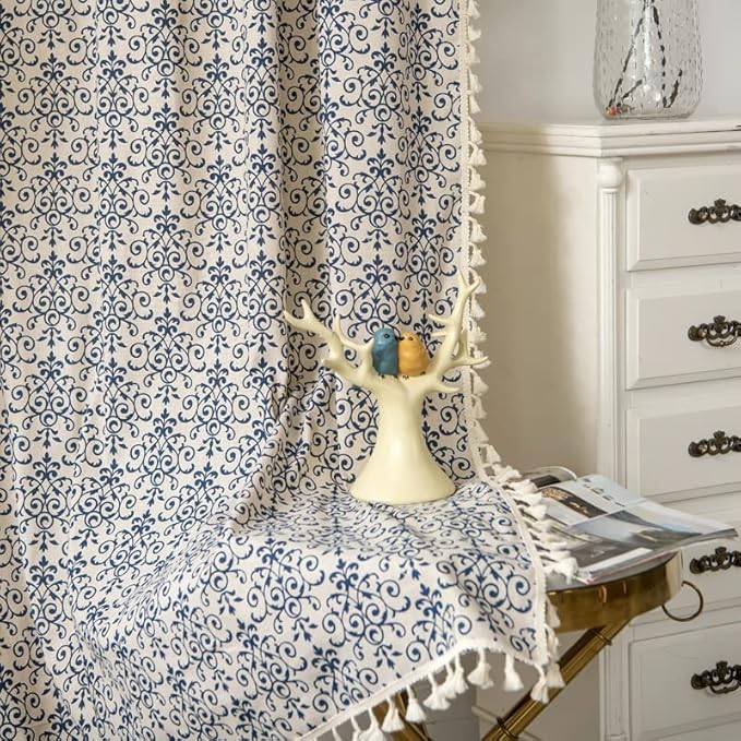 Sutuo Home Boho Curtain 84 Inches Length Semi-Blackout Bohemian Damask Moroccan Florals Print Darkening Curtains Tassels, Rod Pocket Window Treatment Drapes for Bedroom, 1 Panel 59" W x 84" L, Blue-Ruum Studio Home