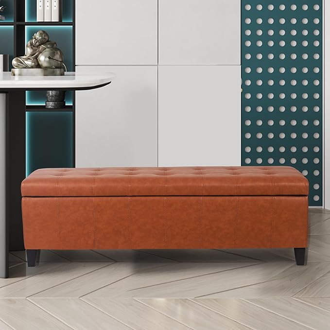 Joveco 51 Inch Storage Ottoman Bench,Tufted Leather Storage Bench for Bedroom (51”,Dark Orange)-Ruum Studio Home
